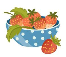 Strawberries in a bowl. Sweet healthy dessert, harvest, ripe fruits and berries. Perfect for printing, menu, restaurant, design, and web. Hand-drawn cartoon vector illustration