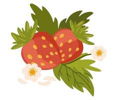 Strawberry berries, leaves and flowers. Wild Forest berries. Perfect for printing, menu, restaurant, design, and web. Hand-drawn vector illustration