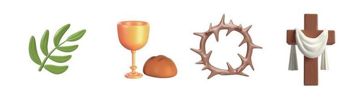Cute 3d icon Easter Detailed Green Palm Tree Branch, Crown of thorns, Eucharist bread and vine and Wooden Cross with white cloth. illustration isolated on white background clipping path photo