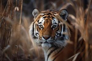 A strong tiger in the high grass at a river created with technology. photo