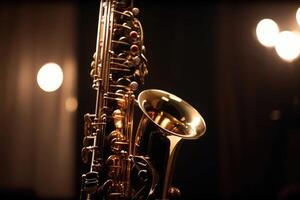 Close-up of a saxophone with reflections and a soft bokeh of light in the background created with technology. photo