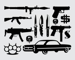 Robber weapons stuff element gangster villain blade, shoot gun vector illustration set bundle editable