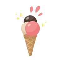 Ice cream in a waffle cone vector illustration. Strawberry, chocolate, vanilla Ice cream isolated on white background. Cartoon illustration.