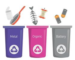 Multicolored trash cans with metal, organics, batteries for further recycling. Separate waste collection, waste sorting. vector