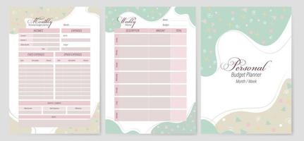 Set personal weekly and monthly budget planner templates. Notebook pages in pastel colors with a simple pattern. vector