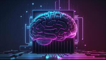 illustration of artificial intelligence technological brain with glowing purple neon lights against dark background photo