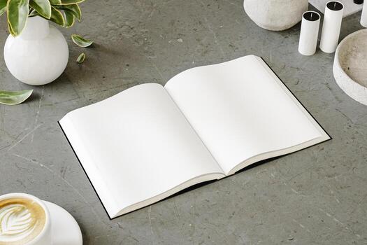 Mock up of an open book on a modern minimalist table. 3d render photo