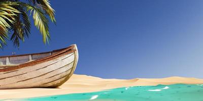 Wooden boat on sandy beach near palm in sunlight photo