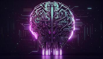 Futuristic AI brain with neon light in Science Fiction style. illustration photo