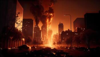 AI artwork of cityscape with burning buildings after disaster photo