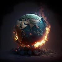 illustration of fire flames burning Earth after global warming against black background photo