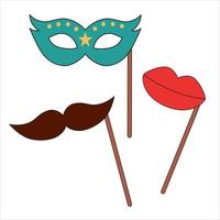 Face mask, red lips and moustache on stick vintage paper photo booth props vector