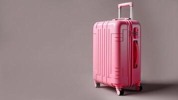 modern pink suitcase on wheels close-up on gray background travelling concept copy space photo