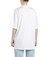 A woman wears a white over size t shirt photo