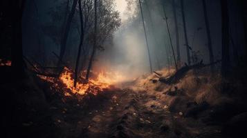 bosque fuego en el bosque. el concepto de desastre y ecología,quema seco césped y arboles en el bosque foto