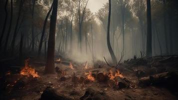 Forest fire in the forest. The concept of disaster and ecology,Burning dry grass and trees in the forest photo