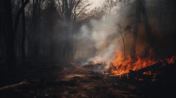 Forest fire in the forest. The concept of disaster and ecology,Burning dry grass and trees in the forest photo