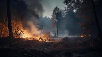 bosque fuego en el bosque. el concepto de desastre y ecología,quema seco césped y arboles en el bosque foto