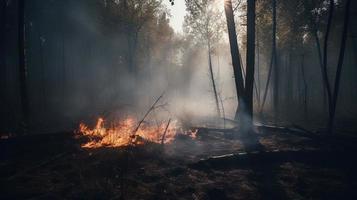Forest fire in the forest. The concept of disaster and ecology,Burning dry grass and trees in the forest photo