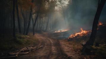 Forest fire in the forest. The concept of disaster and ecology,Burning dry grass and trees in the forest photo