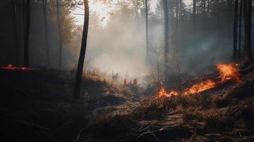 bosque fuego en el bosque. el concepto de desastre y ecología,quema seco césped y arboles en el bosque foto