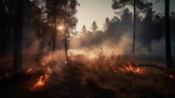 Forest fire in the forest. The concept of disaster and ecology,Burning dry grass and trees in the forest photo