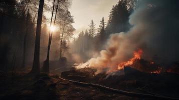 Forest fire in the forest. The concept of disaster and ecology,Burning dry grass and trees in the forest photo
