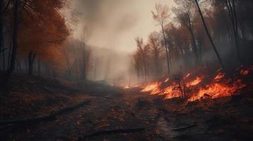 bosque fuego en el bosque. el concepto de desastre y ecología,quema seco césped y arboles en el bosque foto