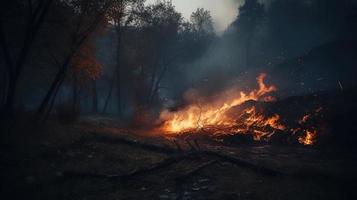 Forest fire in the forest. The concept of disaster and ecology,Burning dry grass and trees in the forest photo