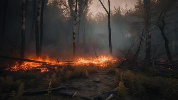 bosque fuego en el bosque. el concepto de desastre y ecología,quema seco césped y arboles en el bosque foto