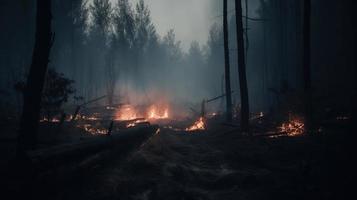 bosque fuego en el bosque. el concepto de desastre y ecología,quema seco césped y arboles en el bosque foto