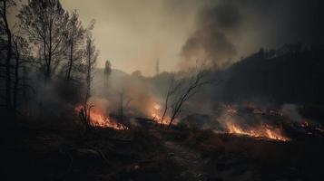 bosque fuego en el bosque. el concepto de desastre y ecología,quema seco césped y arboles en el bosque foto