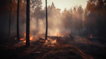 bosque fuego en el bosque. el concepto de desastre y ecología,quema seco césped y arboles en el bosque foto