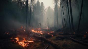 Forest fire in the forest. The concept of disaster and ecology,Burning dry grass and trees in the forest photo