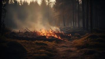 Forest fire in the forest. The concept of disaster and ecology,Burning dry grass and trees in the forest photo