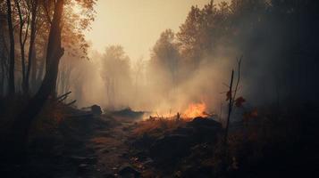 Forest fire in the forest. The concept of disaster and ecology,Burning dry grass and trees in the forest photo