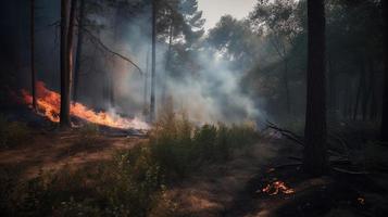 bosque fuego en el bosque. el concepto de desastre y ecología,quema seco césped y arboles en el bosque foto