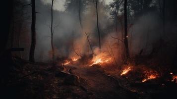 bosque fuego en el bosque. el concepto de desastre y ecología,quema seco césped y arboles en el bosque foto