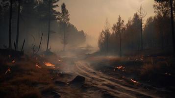 Forest fire in the forest. The concept of disaster and ecology,Burning dry grass and trees in the forest photo