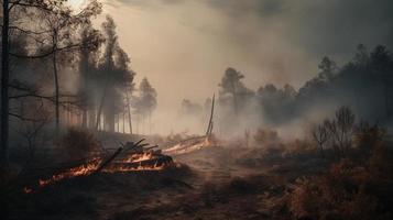 Forest fire in the forest. The concept of disaster and ecology,Burning dry grass and trees in the forest photo