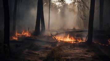 Forest fire in the forest. The concept of disaster and ecology,Burning dry grass and trees in the forest photo