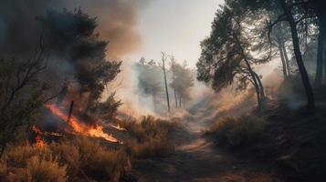 bosque fuego en el bosque. el concepto de desastre y ecología,quema seco césped y arboles en el bosque foto