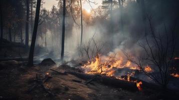 bosque fuego en el bosque. el concepto de desastre y ecología,quema seco césped y arboles en el bosque foto