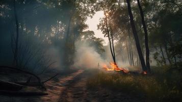 Forest fire in the forest. The concept of disaster and ecology,Burning dry grass and trees in the forest photo