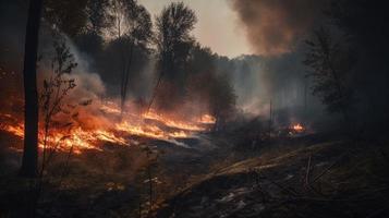 bosque fuego en el bosque. el concepto de desastre y ecología,quema seco césped y arboles en el bosque foto