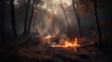 Forest fire in the forest. The concept of disaster and ecology,Burning dry grass and trees in the forest photo