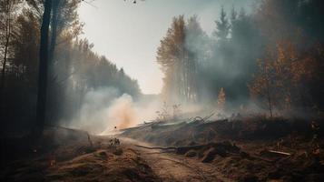 Forest fire in the forest. The concept of disaster and ecology,Burning dry grass and trees in the forest photo