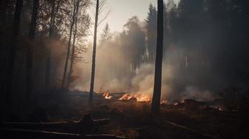 Forest fire in the forest. The concept of disaster and ecology,Burning dry grass and trees in the forest photo