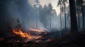 bosque fuego en el bosque. el concepto de desastre y ecología,quema seco césped y arboles en el bosque foto