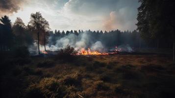 Forest fire in the forest. The concept of disaster and ecology,Burning dry grass and trees in the forest photo